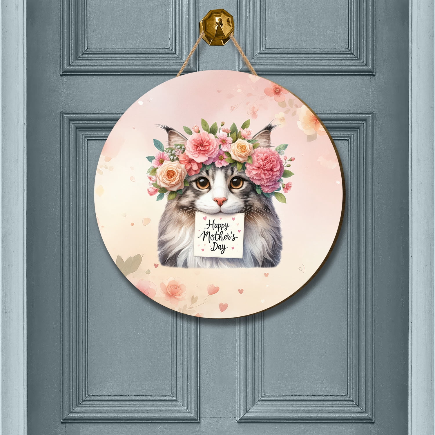 Happy Mother's Day Maine Coon with Flower Crown and Greeting Card Round Wood Sign Cat Lover Kitten Owner Gifts Hanging Wall Home Decor - 13004