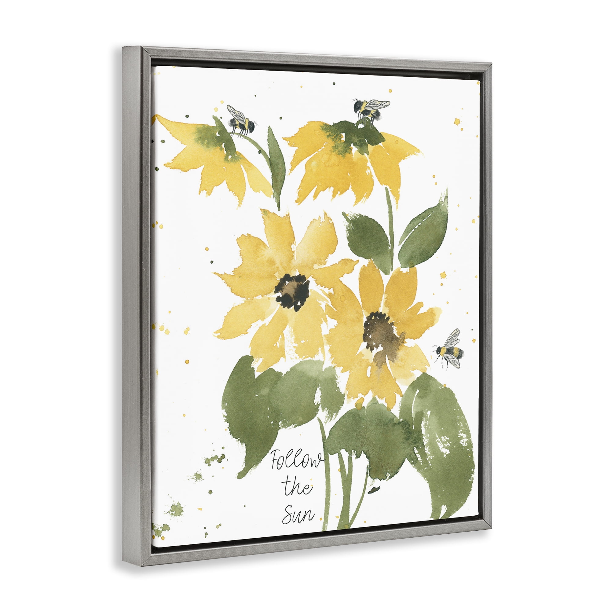 Stupell Industries Follow The Sun Phrase Botanical & Floral Painting Gray Floater Framed Art Print Wall Art, 17 x 21