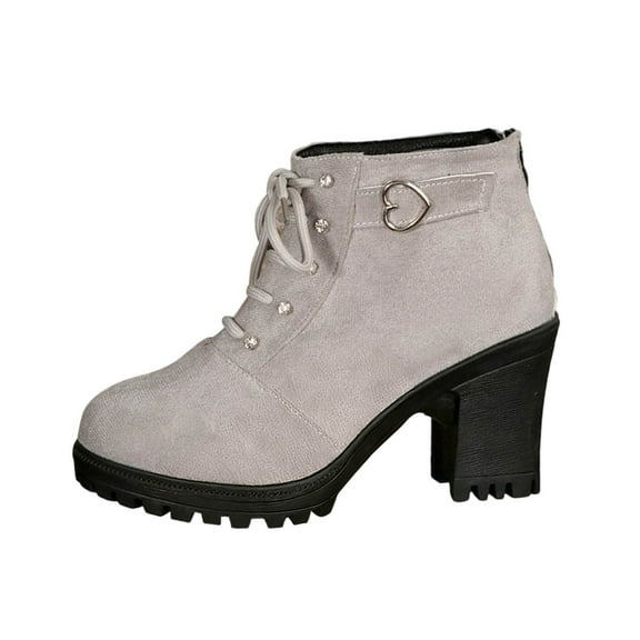 Dpityserensio Boots for Women Winter Ankle Boots Solid Color Round Toe Lace-Up Front And Back Zipper Chunky Heel High Heel Ankle Boots