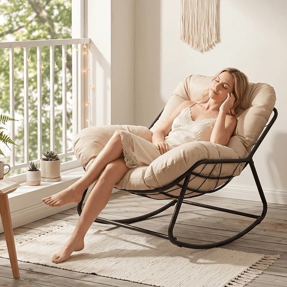 Rattan Rocking Recliner with Plush Cushion | 33.4×26.3×34.6 in | Ergonomic Outdoor Chair for Balcony, Garden & Backyard.