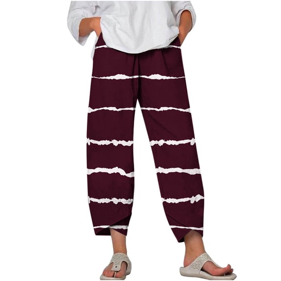 Zysthvn Straight Leg Women's Plus Size Capris Summer Striped Casual Cropped Pants Elastic Waist Pants for Women Lightweight with Pockets Loose
