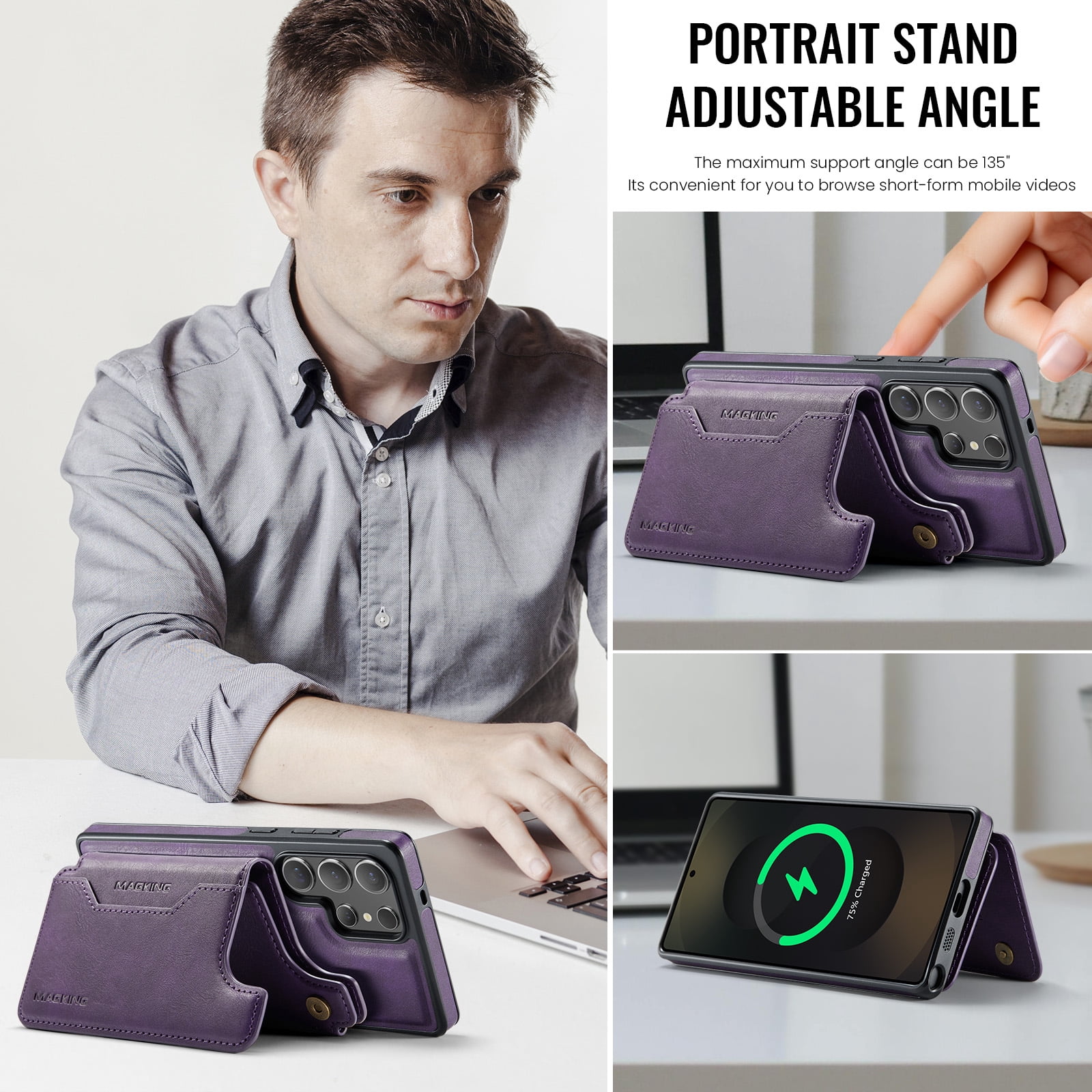 Designed for Samsung Galaxy S24 Ultra Wallet Phone Case,Magnetic Detachable Flip Card Holder,Back Flip Kickstand,Compatible with Mag-Safe,2-in-1 PU Leather Heavy Duty Shockproof Phone Case,Purple