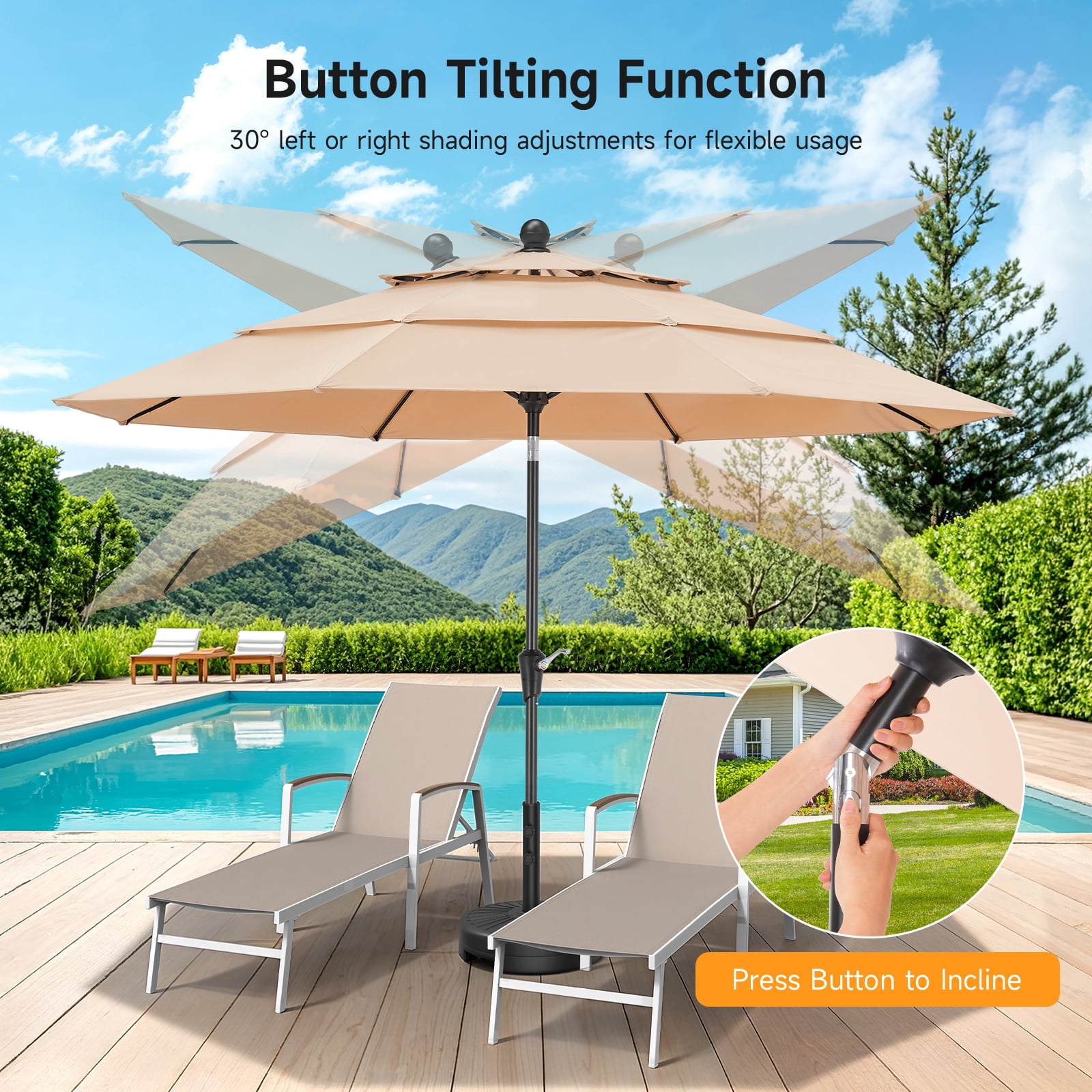 Dovov 10ft Patio Umbrella with Crank & Push Button Tilt, 3 Tier Vented Outdoor Market Umbrellas Adjustable Patio Table Umbrella with 8 Glass Fiber Ribs for Beach Pool Garden Lawn Backyard, Champagne