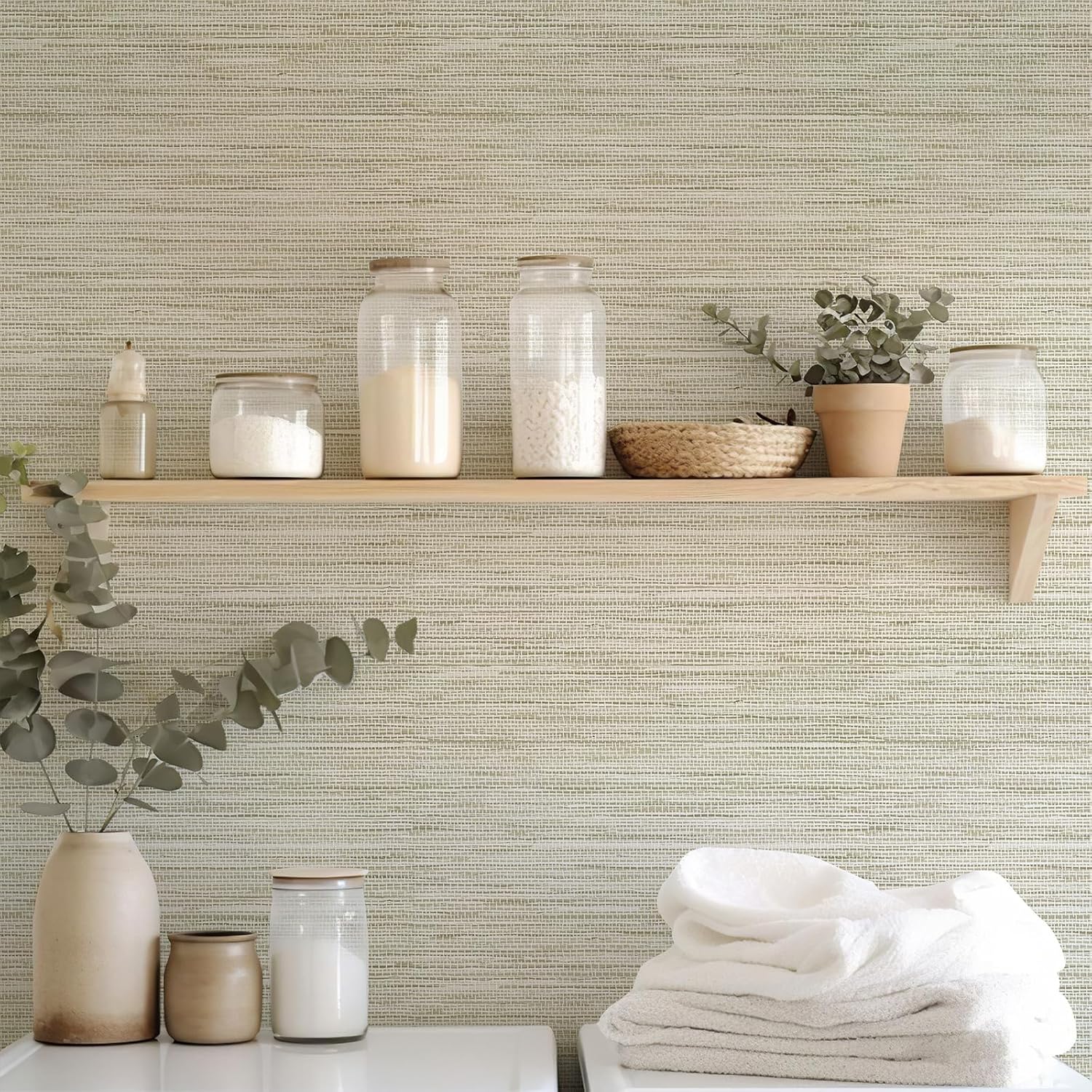 AsdQ Wallpaper Peel and Stick 118-in x 17.3-in Textured Wallpaper Faux Grasscloth Self-Adhesive Linen Removable Wallpaper Cabinets Counter Top Liners