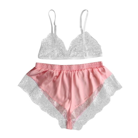 

HHei_K Womne Lace Sheer Elastic Camisole Satin Lace Short Lingerie Nightwear Pajama Set