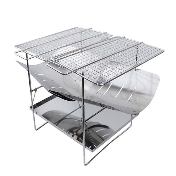 Estufa de camping de acero inoxidable Parrilla de barbacoa portátil de leña | Estufa plegable para mochileros | Distribución estable del calor | Compatible con múltiples combustibles | 38,5x26x26cm