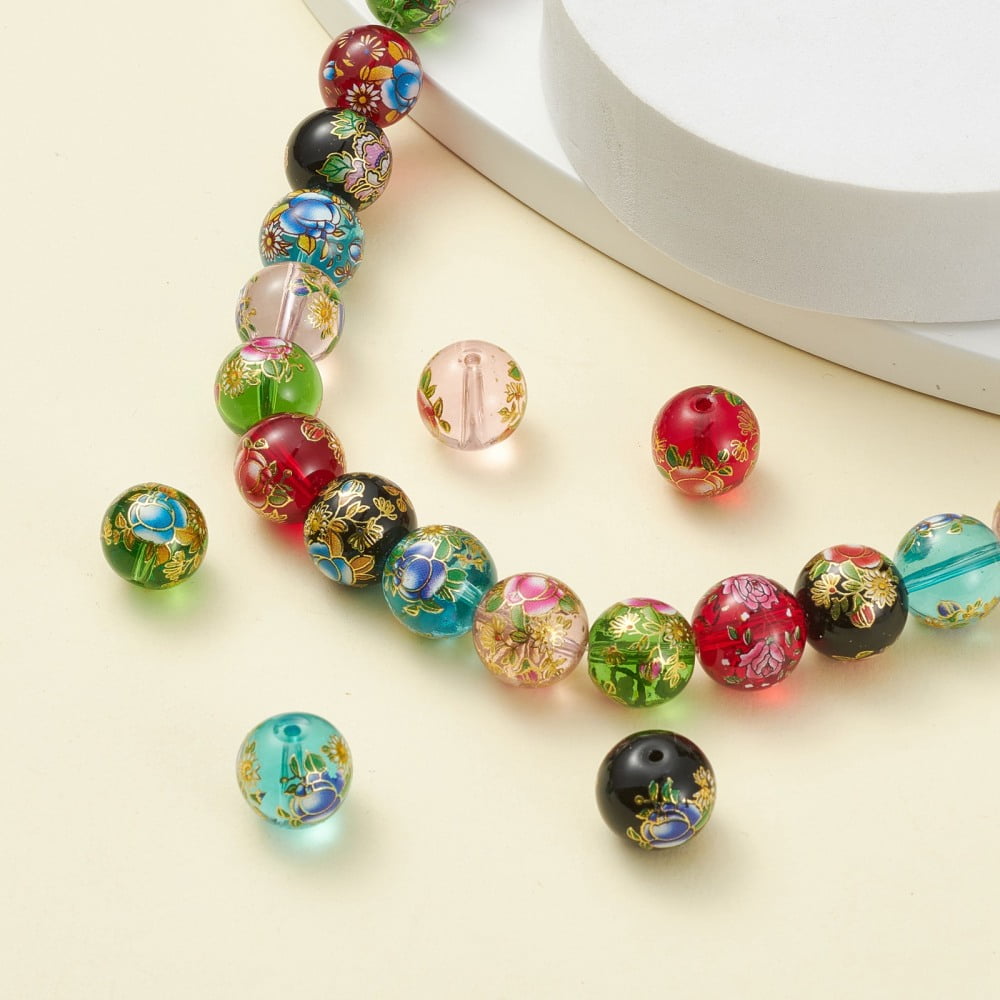 30pcs Flower Painted Handmade Lampwork Round Beads Colorful 14x13mm Hole: 1mm