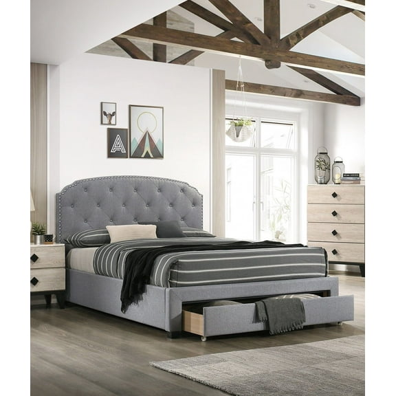 Twin Size Bed W Storage Drawer Light Grey Fabric Tufted Upholstered Headboard Bedroom 1pc Bedframe