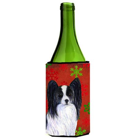 

Papillon Red And Green Snowflakes Holiday Christmas Wine bottle sleeve - 24 oz.