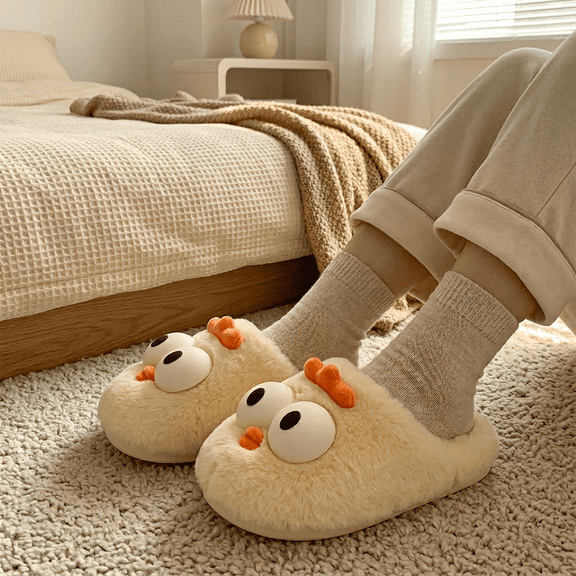 Cute Chicken Slippers for Women Men, Fuzzy Plush House Slippers, Cozy Warm Indoor Bedroom Dorm Home Shoes, Yellow, Size 9-10