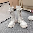 thumbnail image 4 of BRGZLK Knee High Boots for Girls 2026 Autumn Winter Cute Lace Up Lug Sole Comfort Round Toe Chunky Heels Riding Boots with Pearl Buckle, Little Kids Motorcycle Boot White 4.5-5 Years, 4 of 5