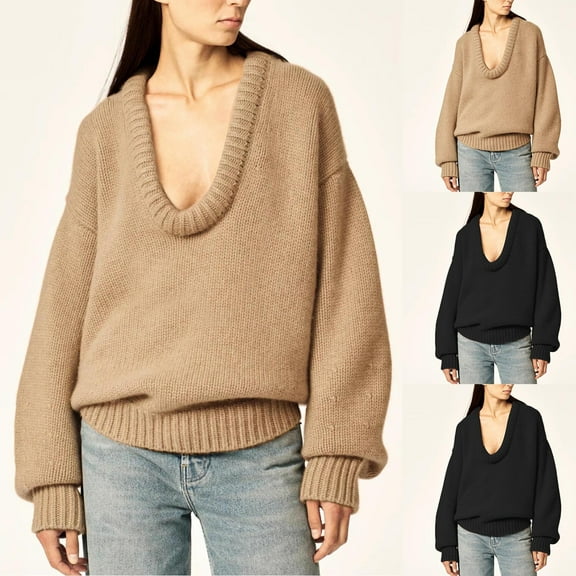 Olyvenn Women's Oversized Scoop Neck Pullover Sweater Long Sleeve Knitted Sweater Chunky Trendy Fall Winter Sweater Tops Khaki L