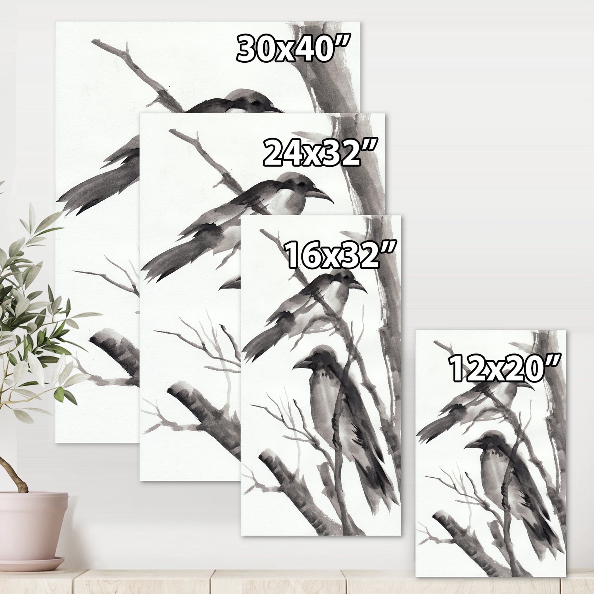 Designart ' Vintage Black and White Sleeping Crows ' Traditional Canvas Wall Art Print