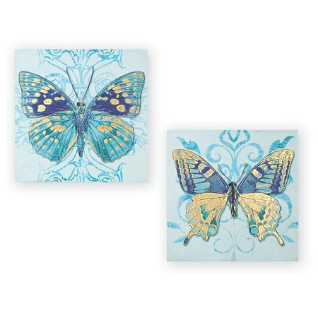 Squares Canvas Reproduction - Butterfly Décor Canvas Wall Art Set of 2 with Gold Accents, Square