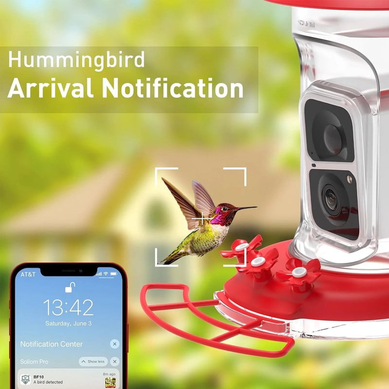 Soliom Smart Hummingbird Feeder Camera 2K Live & AI, Leak-Proof, Ant & Bee-Proof, Solar Powered, Outdoor Pole/Hook Hanging, 16oz, Red – Ideal Family Gift