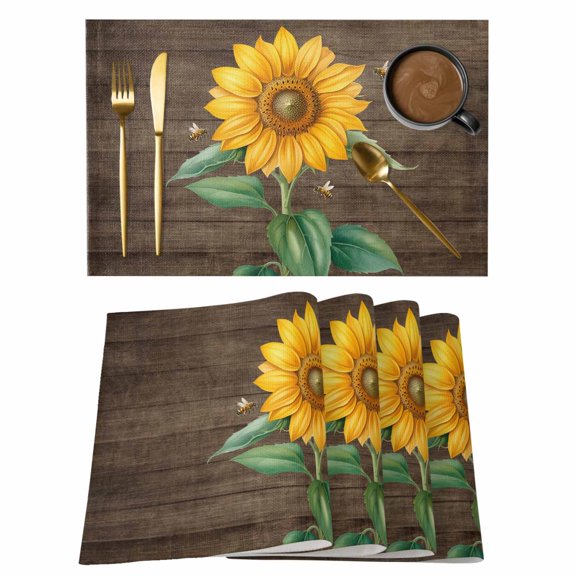 Summer Sunflower Placemats Set of 6, Yellow Floral Plants Bees Brown Wood Grain Non-Slip Place Mats Washable Table Mats for Kitchen Dining Table Decorations Indoor/Outdoor