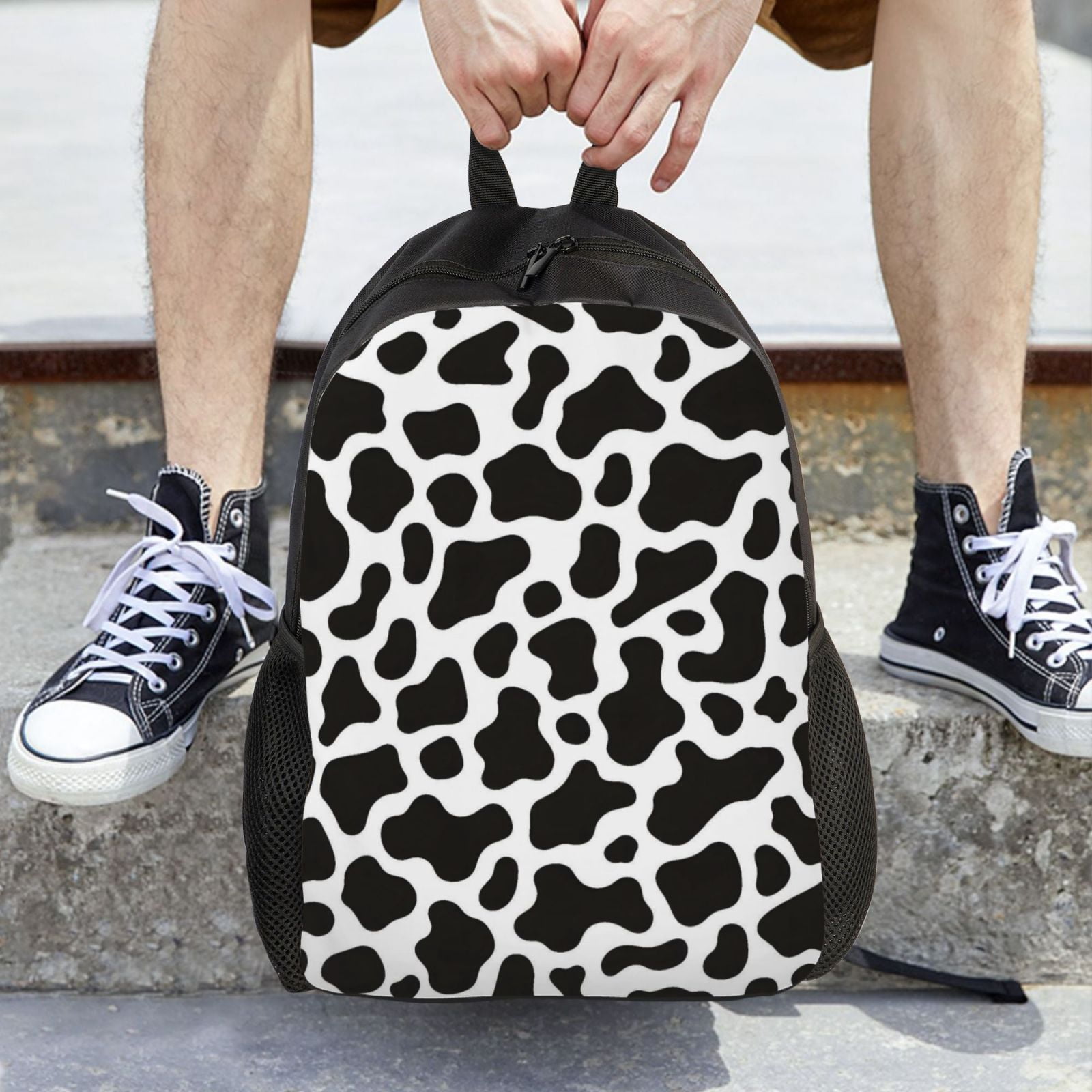 Single Side Full Backpack 16.1×11.8×4.5in Large Capacity Breathable Shoulder Belt Leisure Simple And Strong Bearing Capacity Black White Cow Print