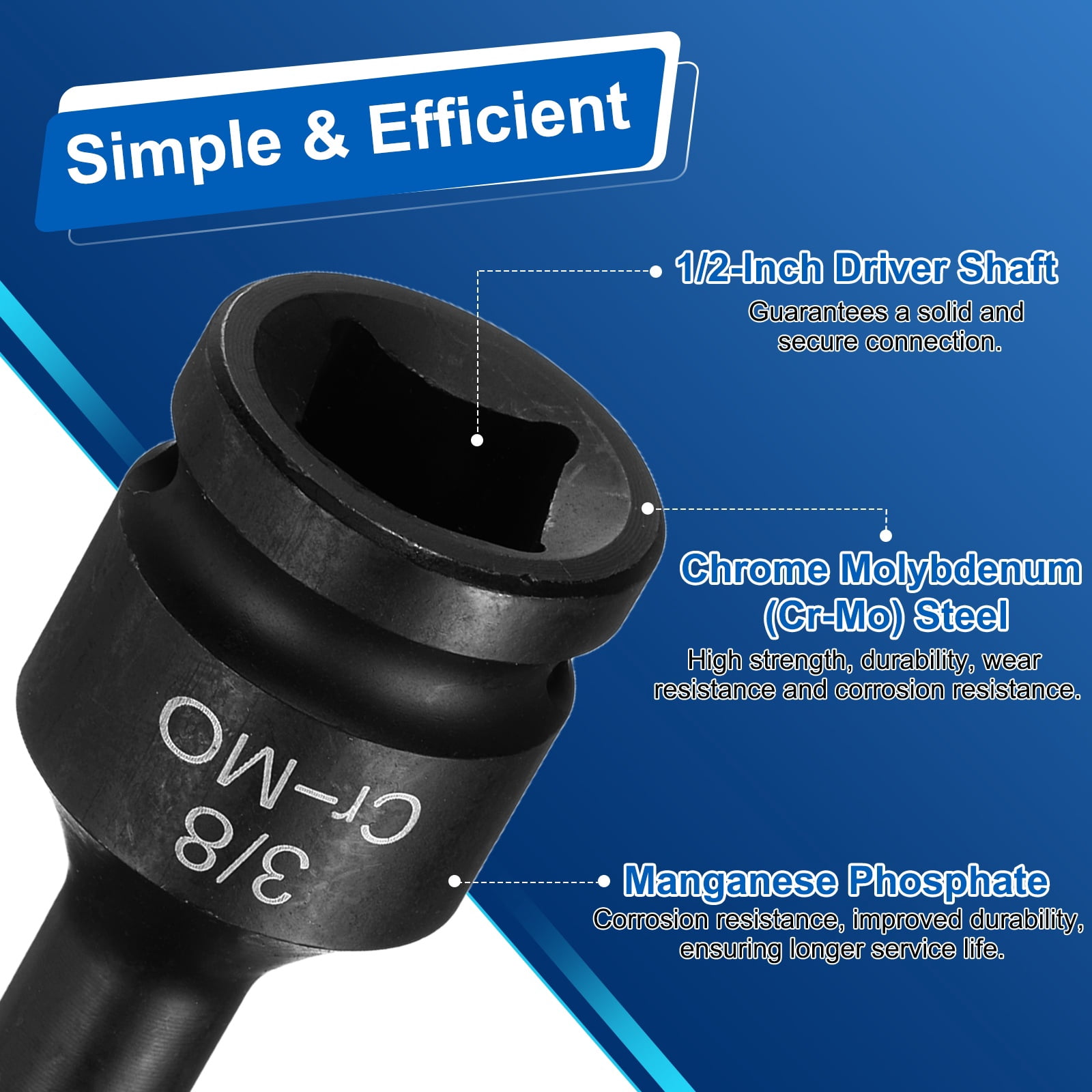 Uxcell 1/2" Drive Impact Hex Bit Socket Set 1/4,9/32,5/16,3/8,7/16,1/2,9/16,5/8,11/16,3/4 Inch SAE CR-MO Steel 6-Point Sockets with Cotter Pin for Power Drill Drivers Adapter