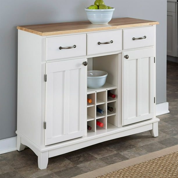 Natural Wood Top Kitchen Island Sideboard Wine Rack in White
