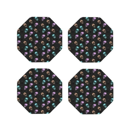 

Fuzoiu purple cyan brown Skull Print Leather Coasters Set Drink Coasters Set of 4 for Tabletop Protection Durable PVC Coasters Home Décor and Housewarming Gift-Octagon