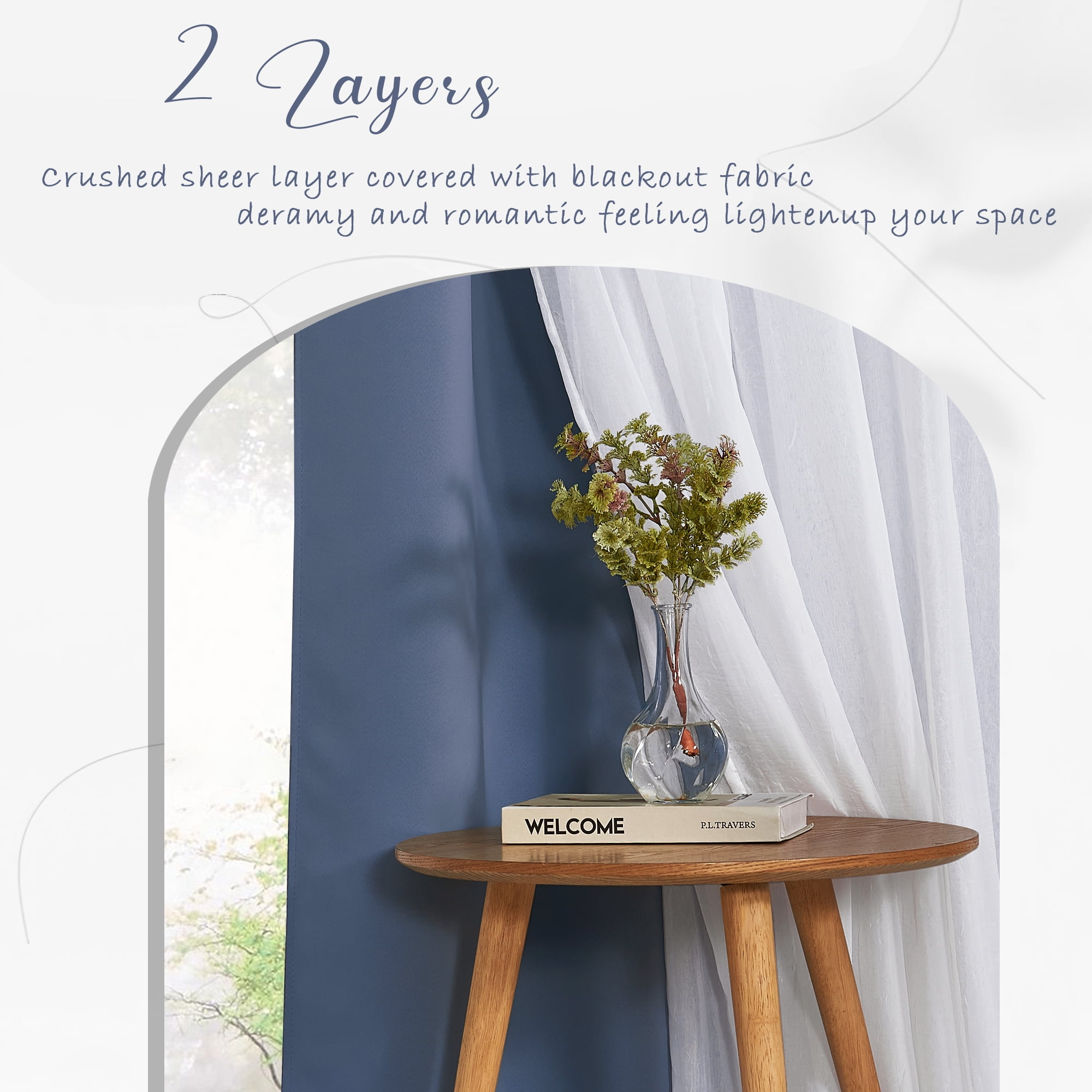 NICETOWN Double Layer Curtains for Bedroom, Solid Ruffle Blackout Grommet French Country Elegant Layered Curtains, Blue Haze, W52 x L84, Set of 2