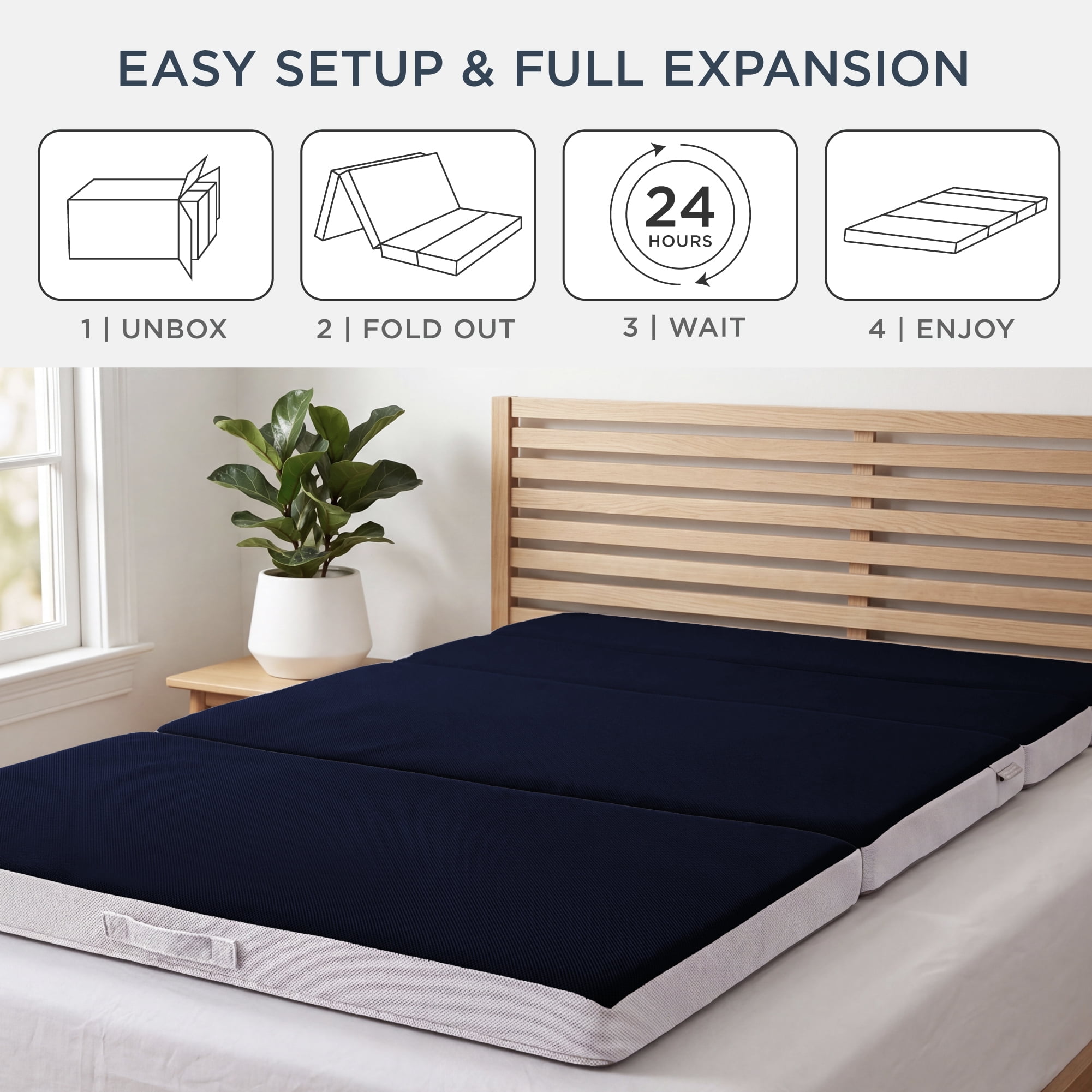 Best Choice Products 4in Thick Folding Portable Queen Tri-Fold Mattress w/ Carry Case, Washable Cover - Midnight Blue