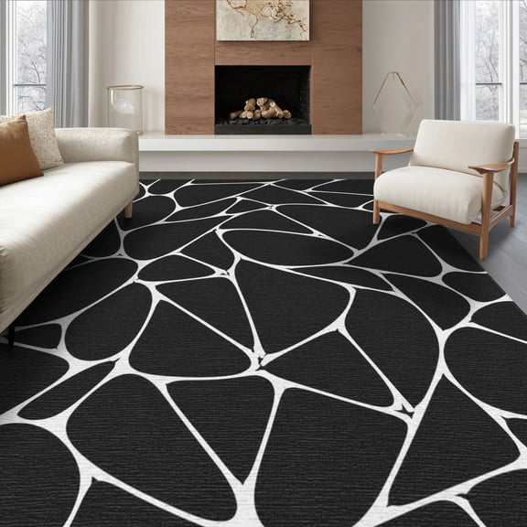ODIKA 8'x10' Washable Area Rug Non-Slip Chair-Friendly Mat Black White Abstract Geometric Elegance Contemporary Design with Bold Contrast for Dining Room, Large Office, Lounge