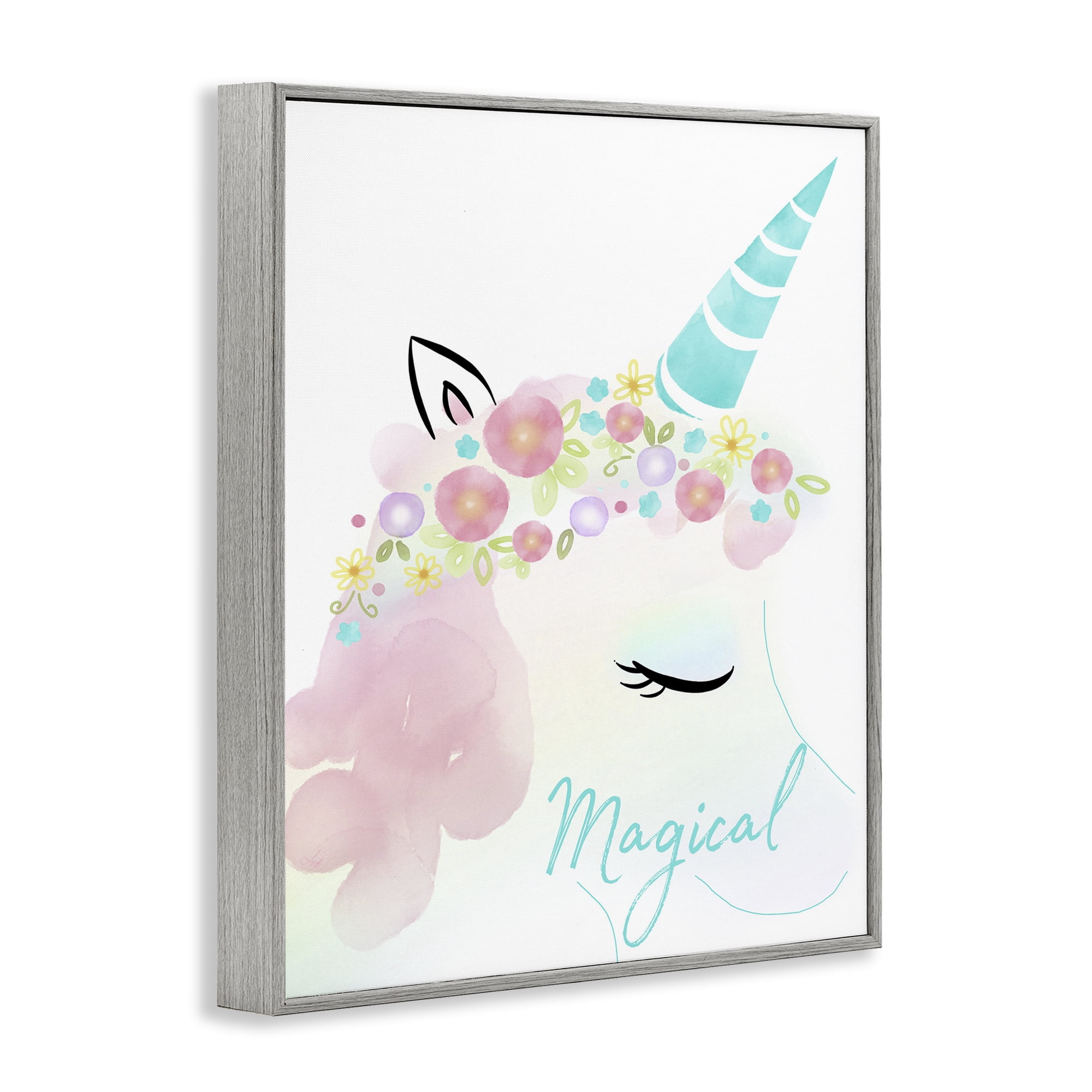 Stupell Industries Magical Floral Unicorn Fairy Tales & Fantasy Painting Gray Framed Art Print Wall Art, 24 x 30