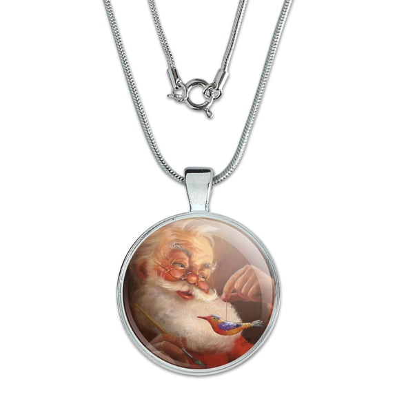 Christmas Holiday Santa Painting Tree Ornament 1" Pendant with Sterling Silver Plated Chain