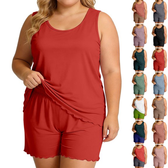 Endives Plus Size Women's Summer Two-Piece Pajama Set Lightweight Ruffled Sleeveless Tank Top and Shorts Matching Pajamas Set for Women Sleepwear Loungewear Home Clothing Brick Red M