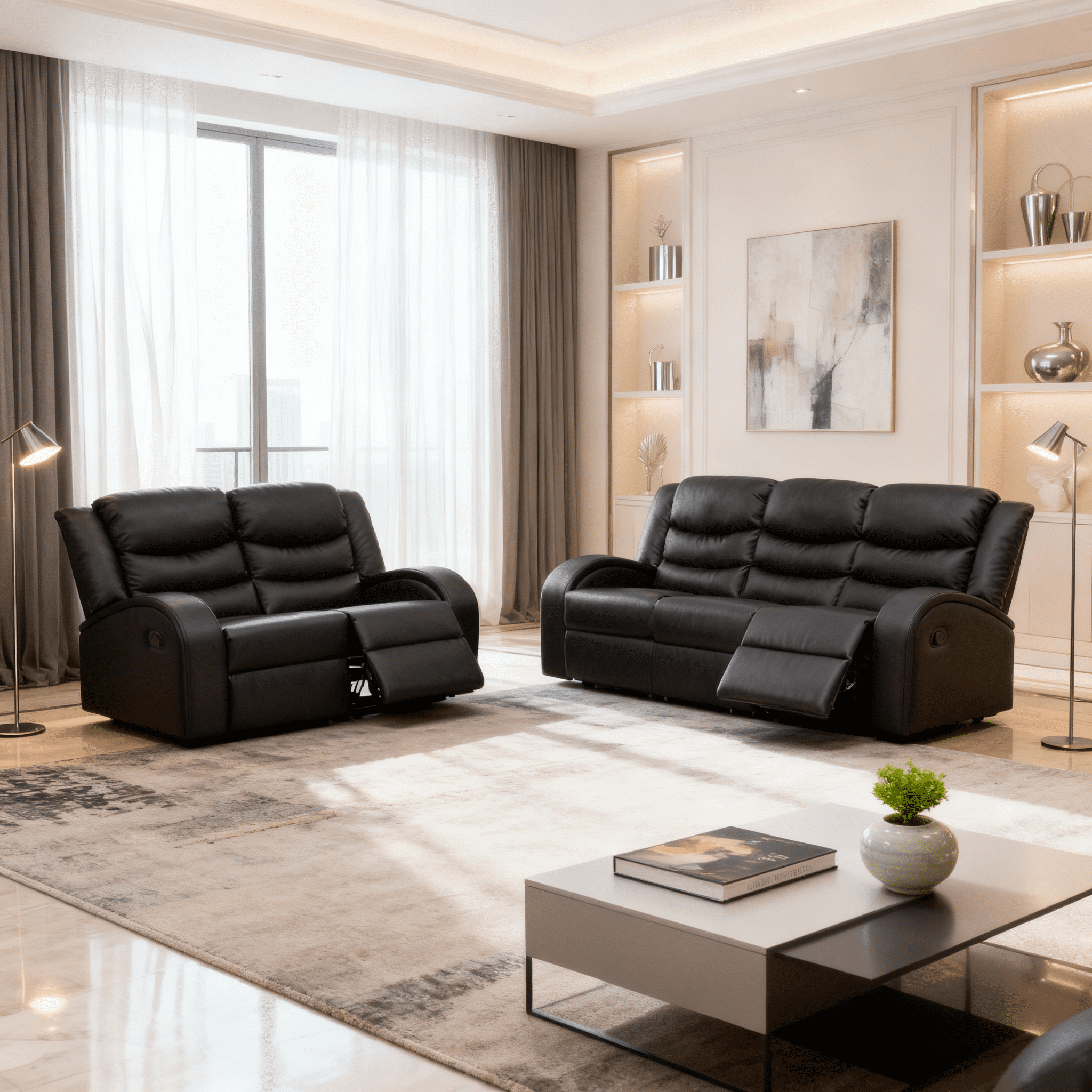 Gewnee Black 2-Piece Living Room Recliner Sofa Set with Air Leather & Solid Wood Frame, Double-Layer Springs, Suitable for Living Room
