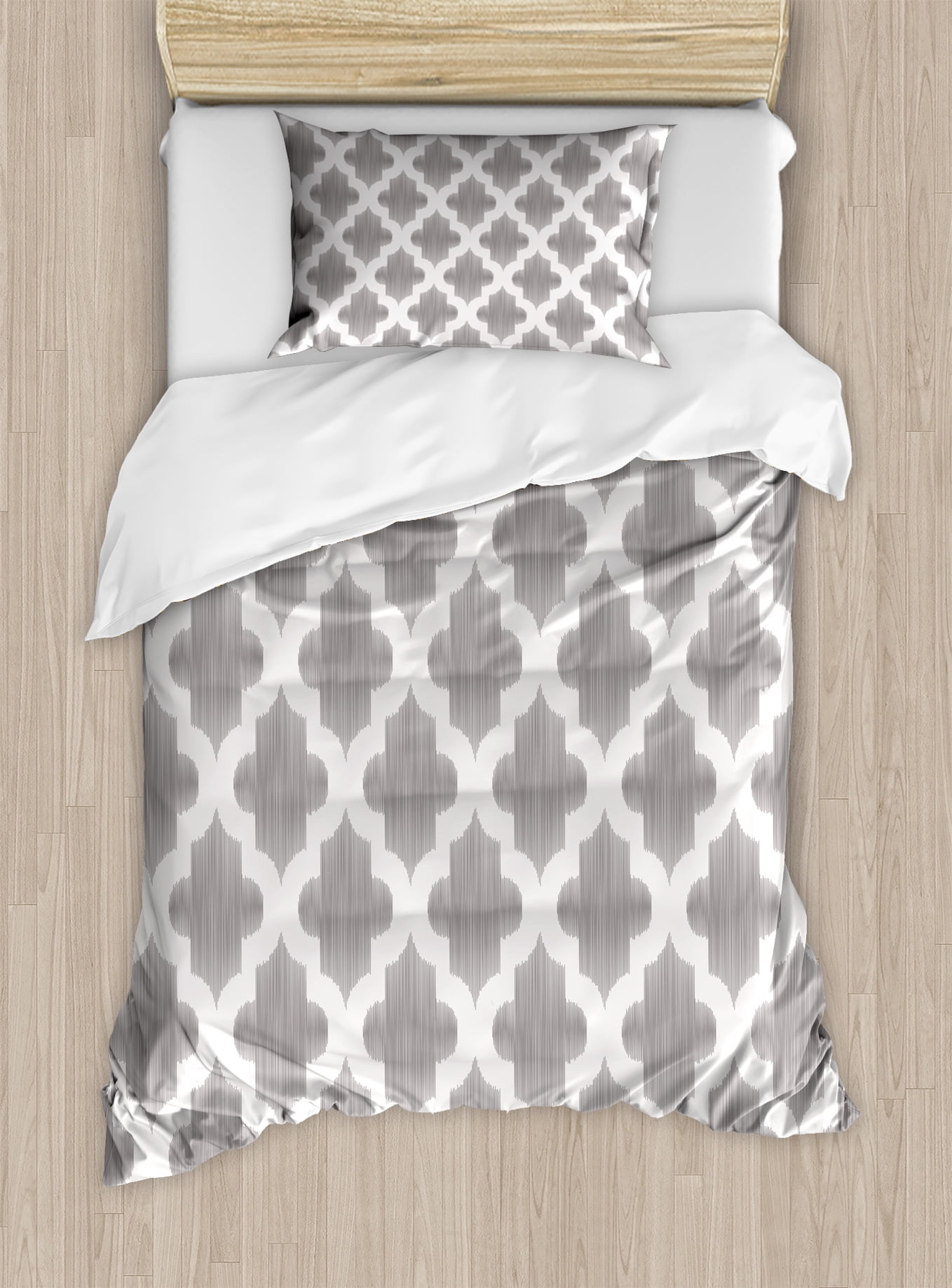 Grey and White Duvet Cover Set, Damask Geometric Middle Eastern Effects ...