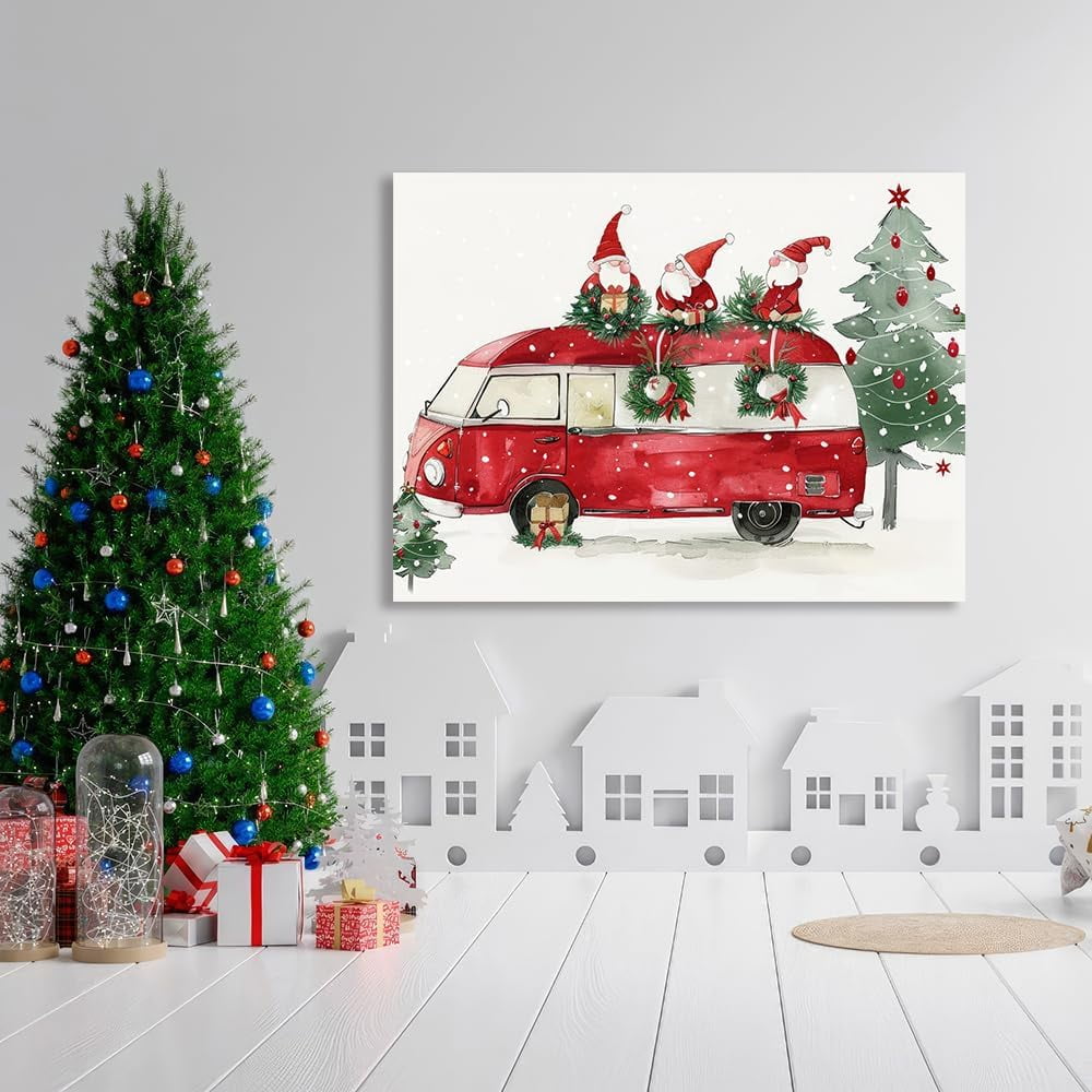 Christmas Gnome Bus Canvas Wall Art - Winter Snowing Christmas Painting - Framed 12 X 16 Inch Small Cute Christmas Pictures for Bathroom Kitchen Kids Room Home Office Decorations - Aesthetic Holiday