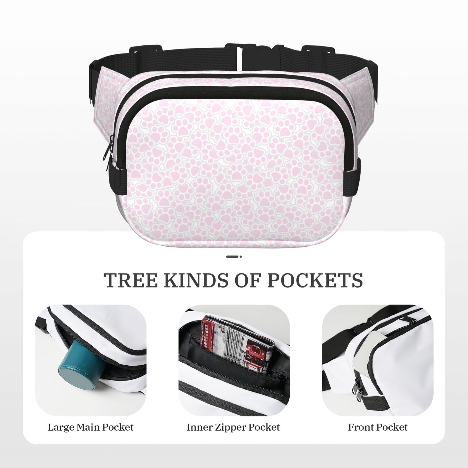 Picia Cat Paw Print Square Double-Layer Waist Bag Mini Adjustable Waist Belt Bag Exercise Running Travel Hiking
