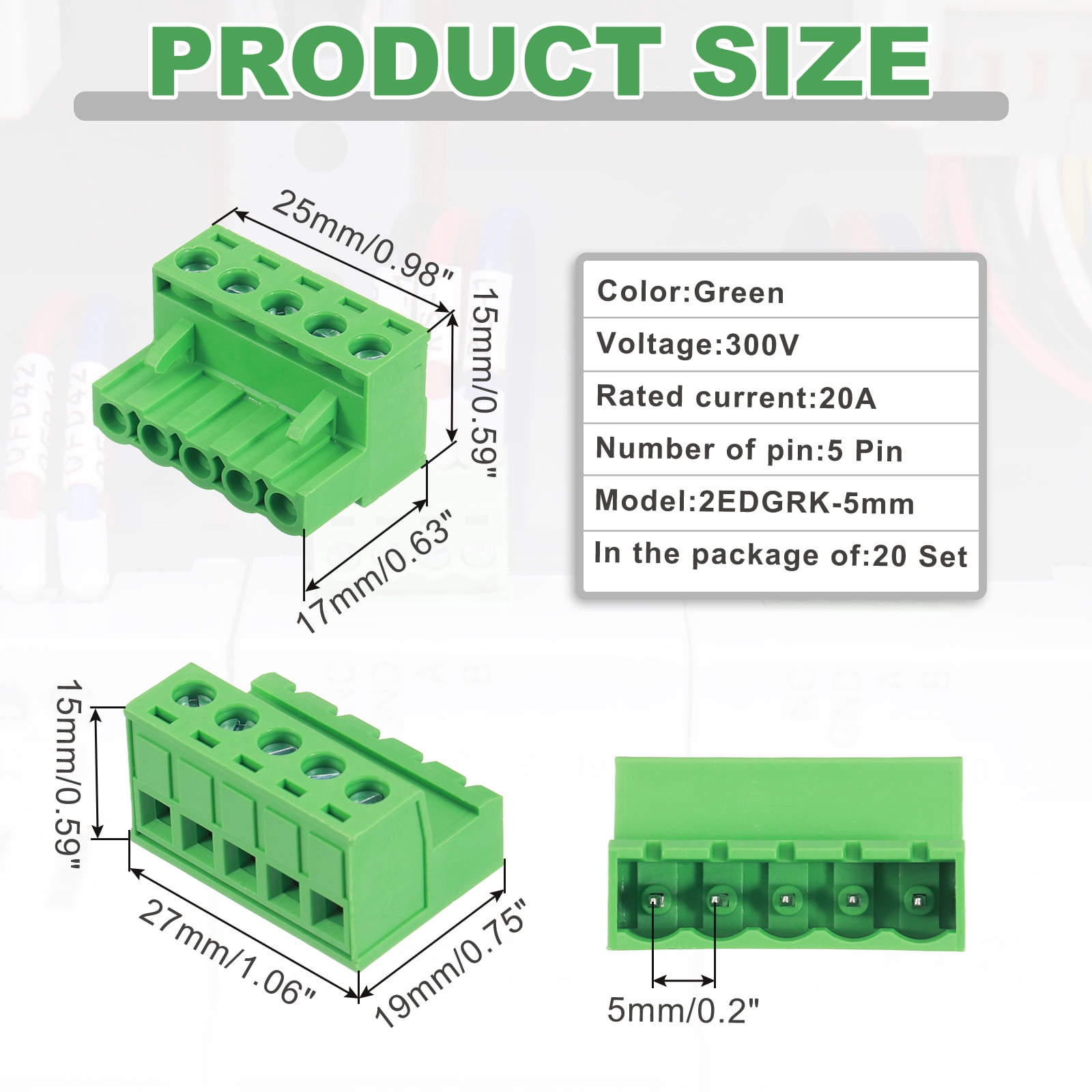 20 Set 5 Pin 5mm 0.2 Inch Pitch PCB Mount Screw Terminal Male Female, Green