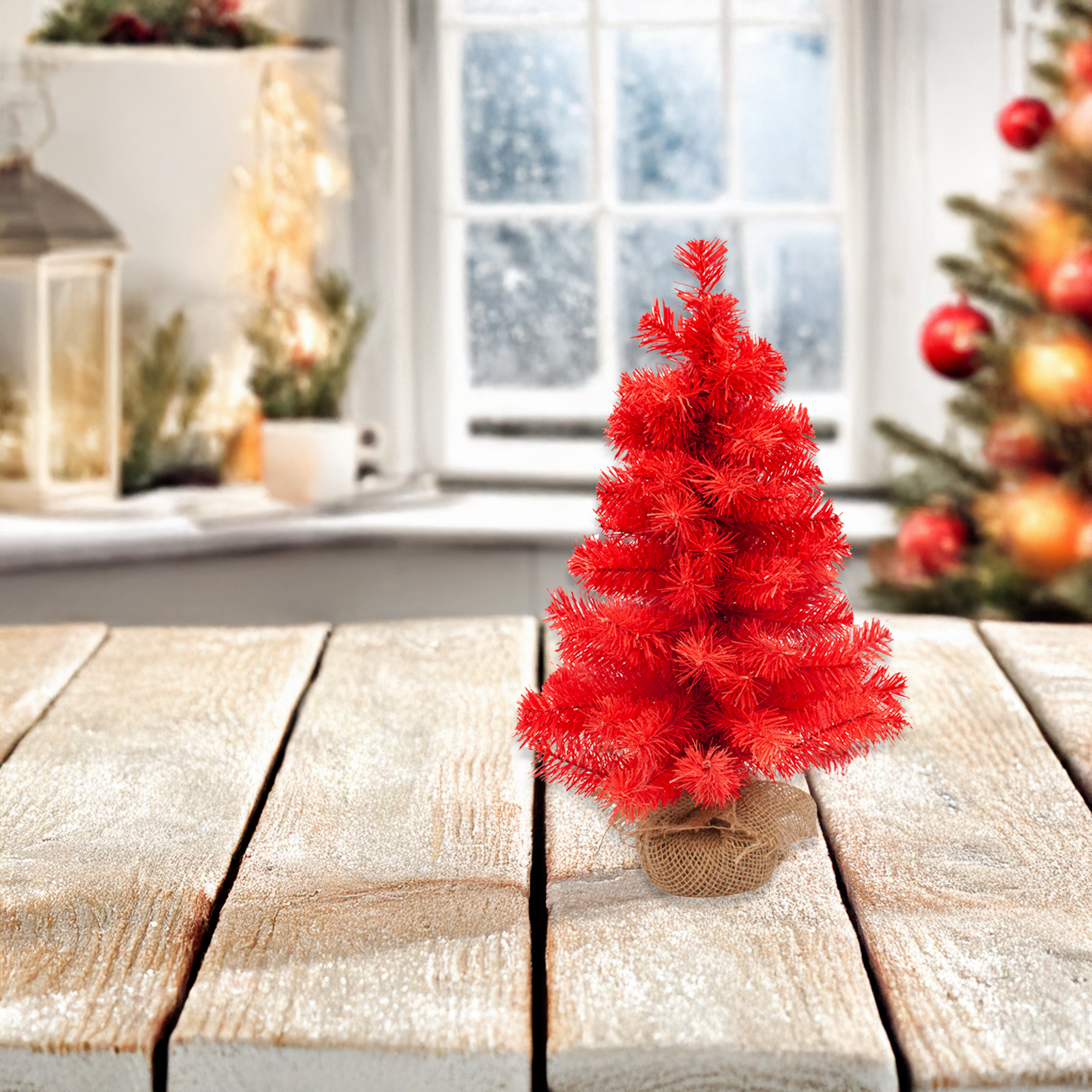 Pine Christmas Tree with Natural Jute Base - 18" - Scarlett Red