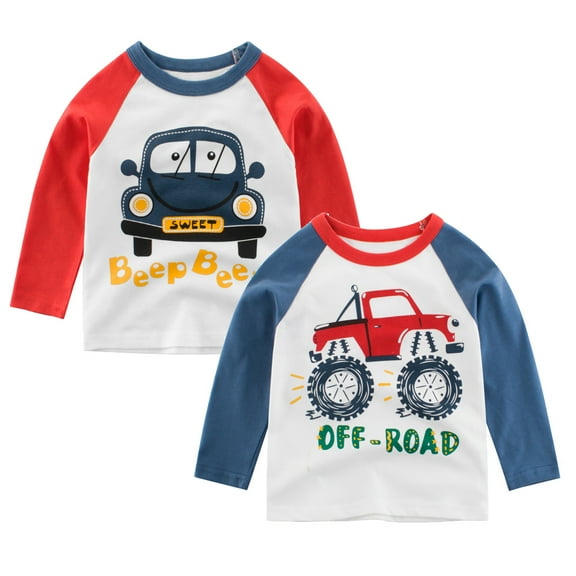 Bellafa Toddler and Little Boys 2-Pack Long Sleeve Crew neck T-Shirts Car Graphic Tops For 2-8 Years Kids Cotton Shirt