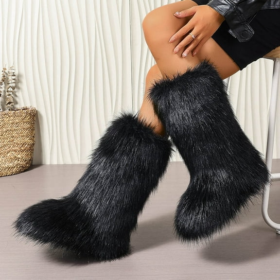 Gamivast Furry Boots Knee High Winter Warm Soft Slip-On Flat Heel Booties with Anti-Slip Trendy Fuzzy Platformed Round Toe Shoes Casual Y2K Cozy Boot for Outdoor Indoor
