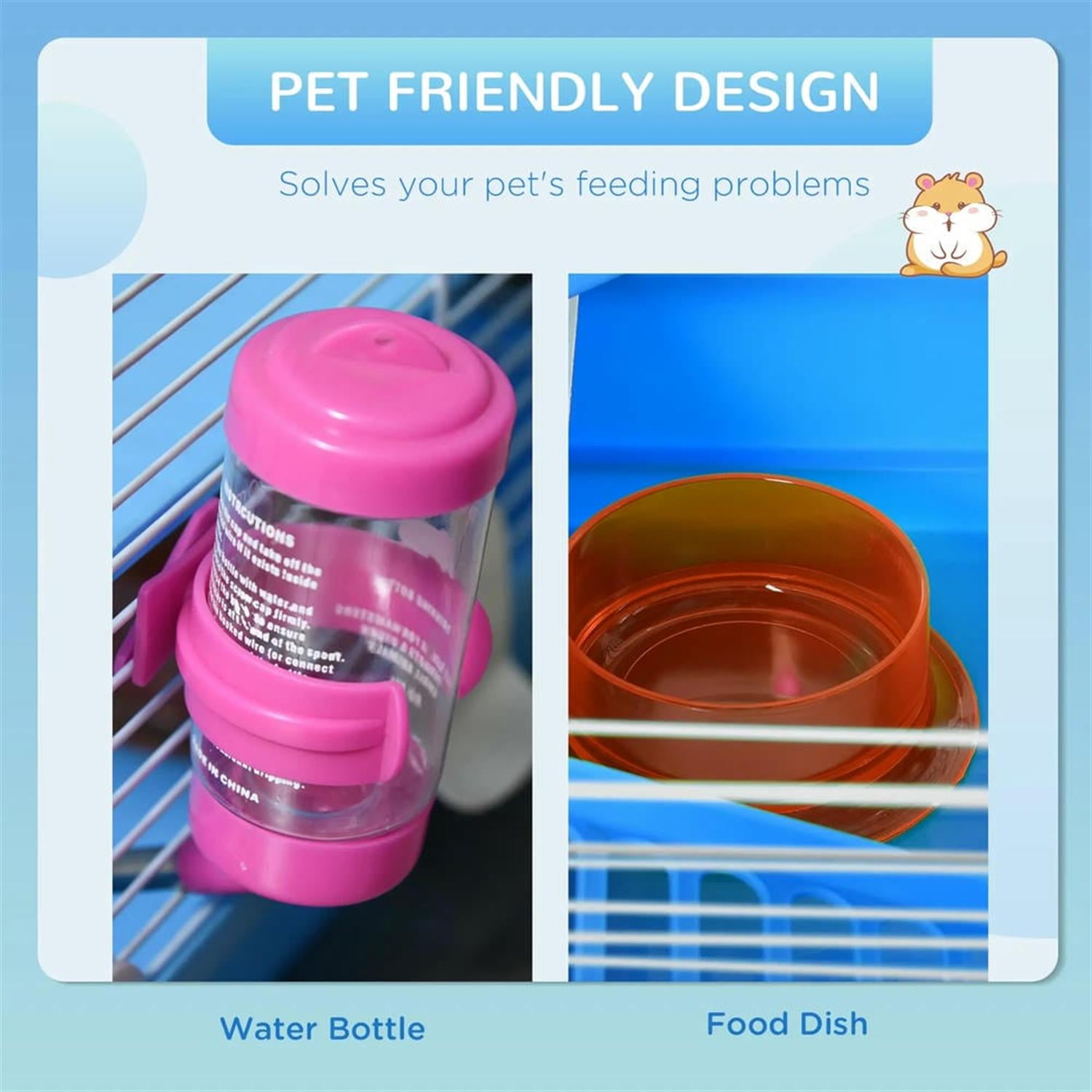 Kadyn 18" Large Hamster Cage, Gerbil Cage with Exercise Wheel, Water Bottle and Play Tubes for Syrian Gerbil, 2 Tiers Small Animal Habitats, Blue