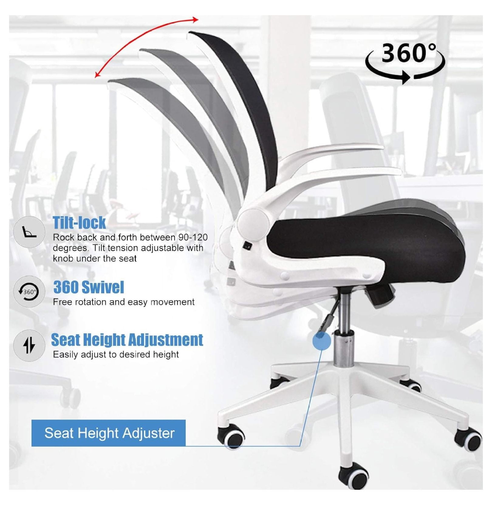 Foldable Office Chair - Home Office Desk Chairs with Wheels and -Up Arms - Ergonomic Backrest Mesh Computer Chair Adjustable Swivel Rolling Home Executive (White)