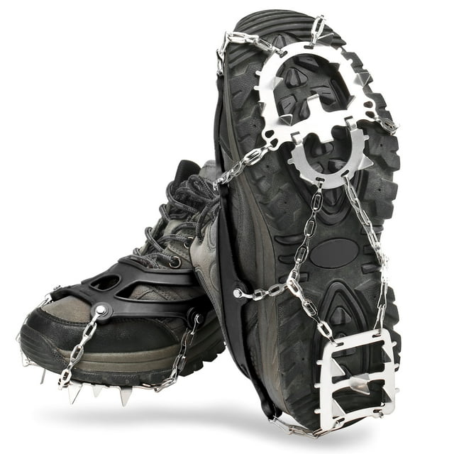 Labymos 18 Pointes Crampons de Traction Femmes Hommes - Antidérapants pour Neige avec Pochette de Rangement pour Marche Randonnée Pêche Alpinisme