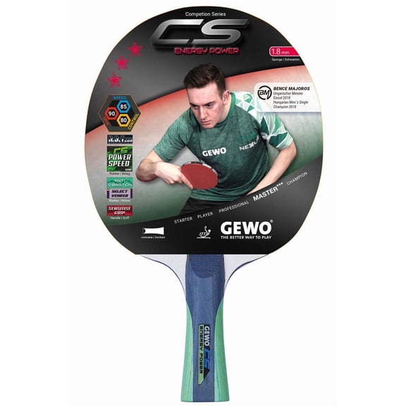 GEWO CS Energy Power Pre-Assembled Table Tennis Racket, ITTF Approved Ping Pong Paddle, 5-Ply Wood Blade, 1.8 mm Sponge, Flared Handle