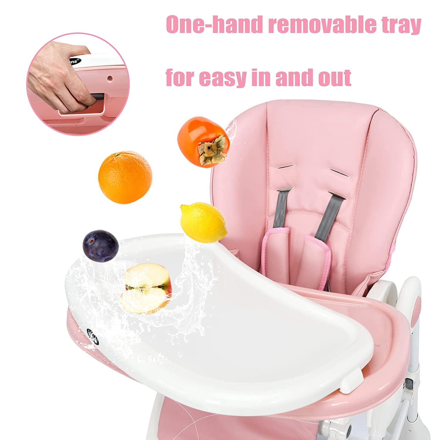 INFANS High Chair with One-Hand Removable Tray, 4 Lockable Wheels & Large Storage Basket - Multi-Adjustable Height, Footrest, Removable Cushion, Foldable for Baby, Infant& Toddler, Pink