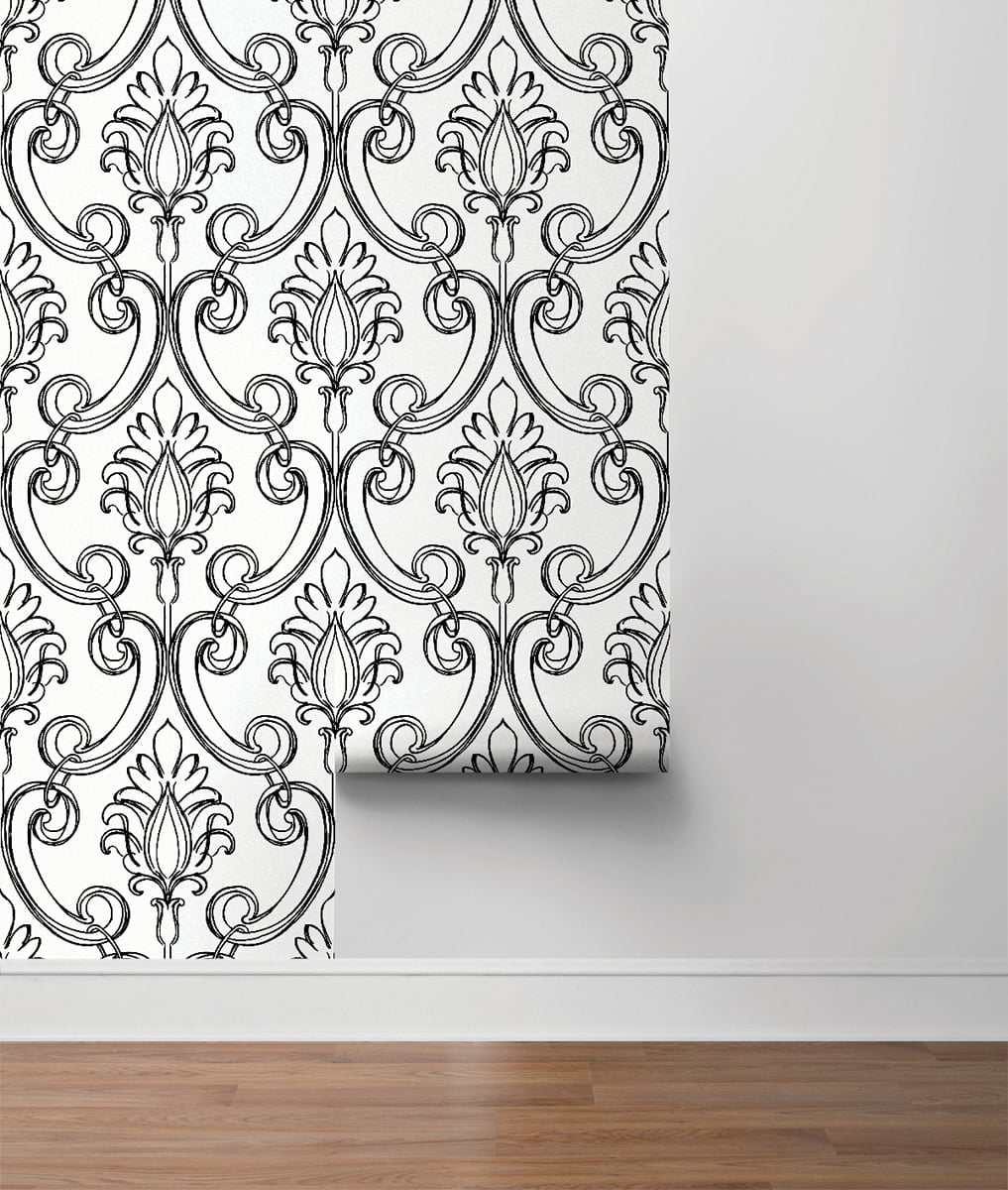 NextWall Ebony Sketched Damask Peel and Stick Wallpaper