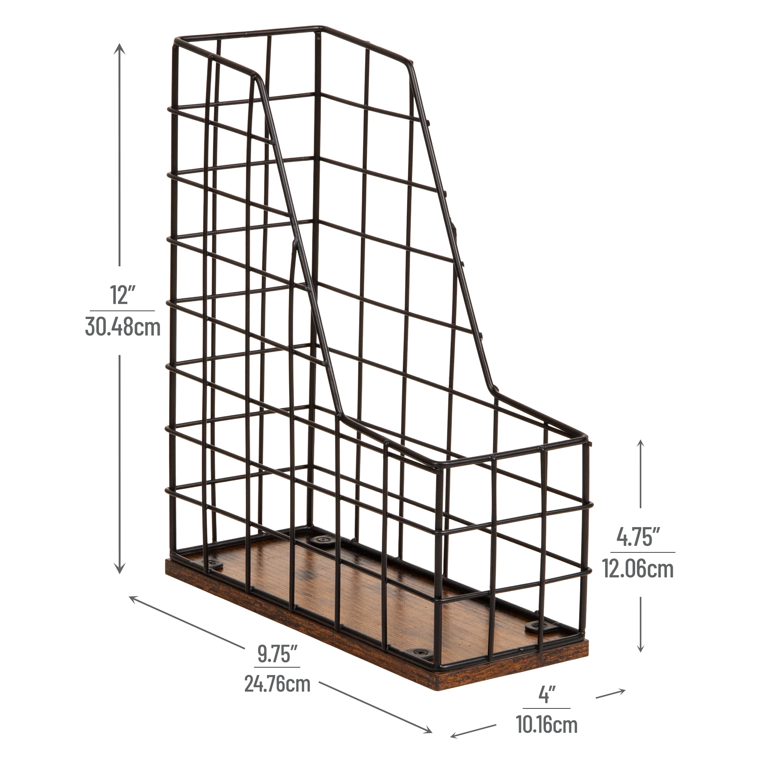 Mind Reader Vertical File Organizer with Wood Base and Black Metal Frame, Desktop Magazine Holder, Modern File Rack, Metal and Wood, Black