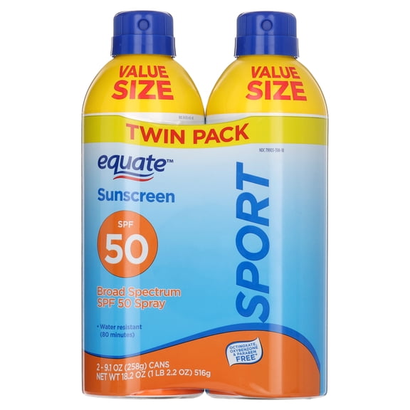 Equate Sport Broad Spectrum Sunscreen Spray, SPF 50, 9.1 oz, 2 Pack