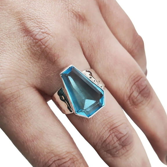 Hammered Coffin Blue Topaz Ring, Natural Blue Topaz Ring, November Birthstone, Womens Ring, Coffin Ring, 925 Sterling Silver, Christmas, Handmade, Statement Jewelry, Coffin Shape Gemstone Ring