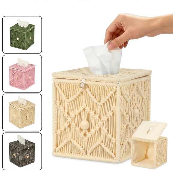 NUAHRHY Tissue Box Cover Woven Square Tissue Box Holder Bohemian Decor Organizer Handmade Woven for Bathroom Bedroom Dresser Living Room Office Dorm Creamy White