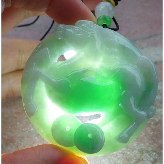 Green Natural A Jade jadeite Pendant Horse Money Coin Necklace 679601 TN