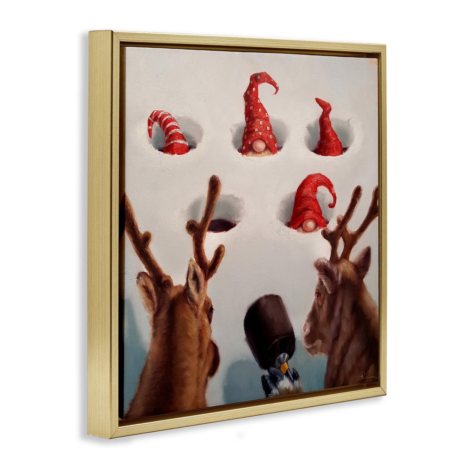 Stupell Industries Holiday Whack an Elf Humor Animals & Insects Painting Gold Floater Framed Canvas Art Print Wall Art, 25 x 25